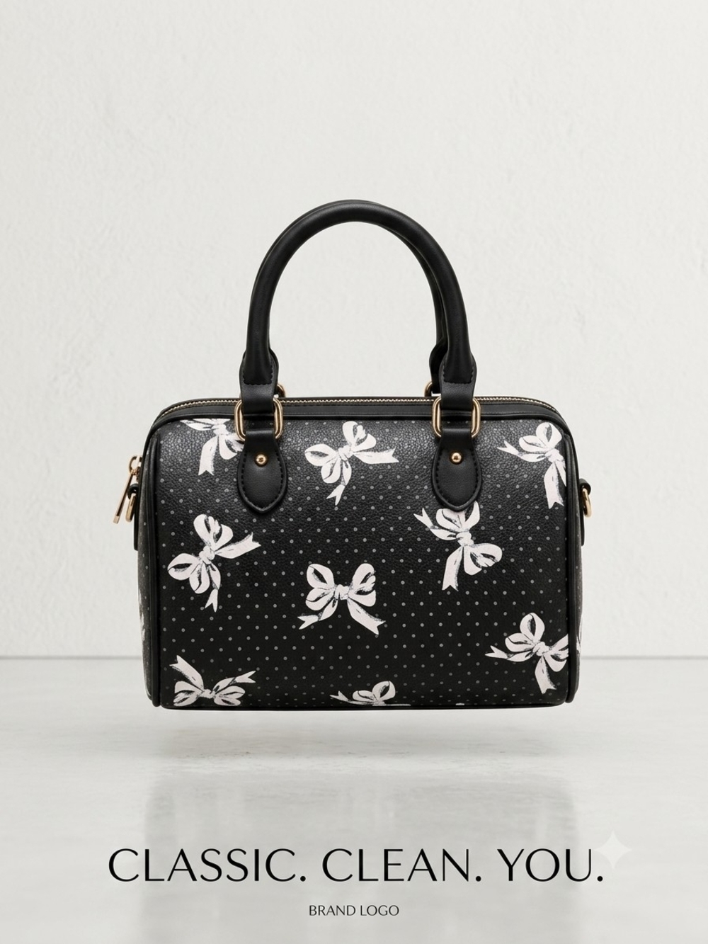 Black Bow-Print Satchel Handbag - Classic Women's Bag
